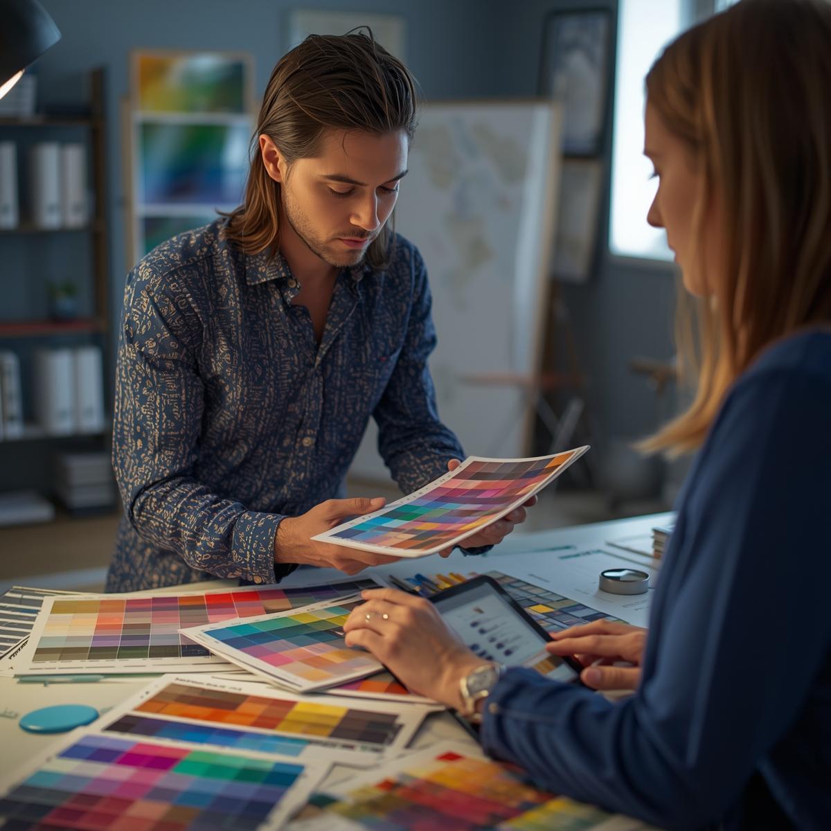 Designer arbejder med farveplaner for klient