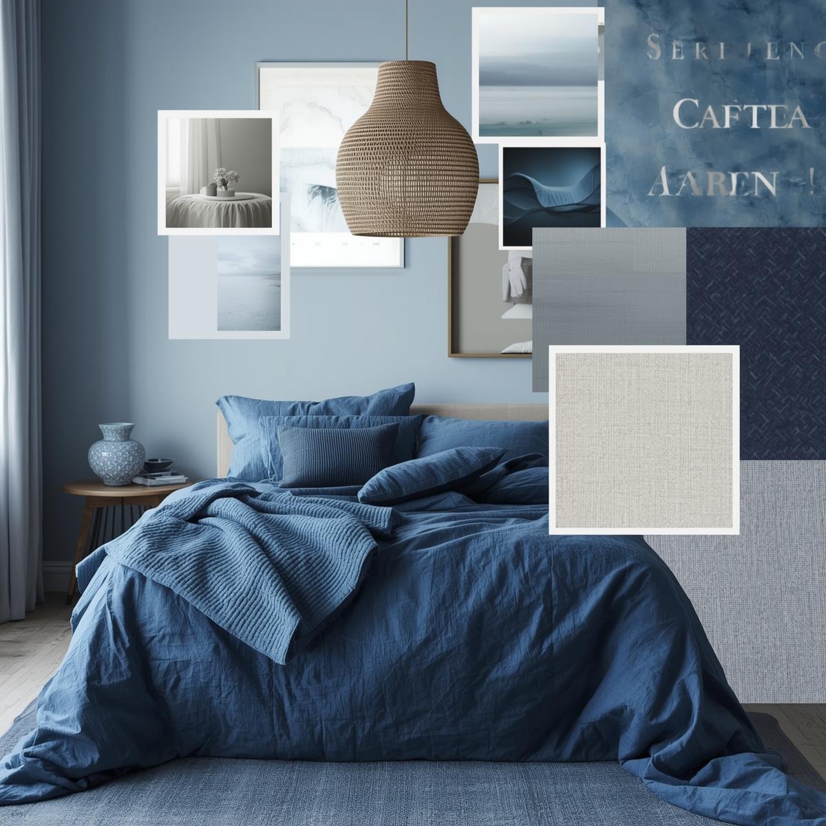 Rolig stemningstavle til soveværelse med blå toner